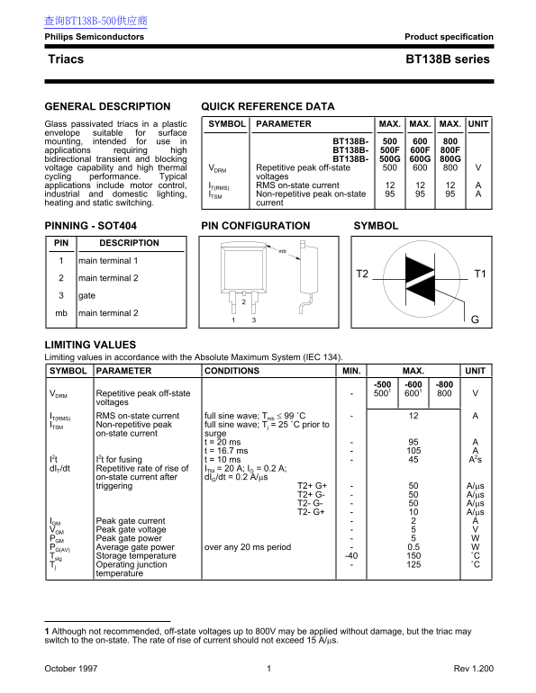 Philips Product Specification: Triacs BT138B Series Data Manual / User Guide - Page 1