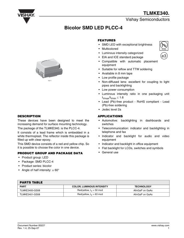 Vishay Semiconductors TLMKE340 Bicolor SMD LED PLCC-4 User Manual - Page 1