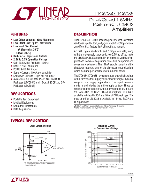 LINEAR TECHNOLOGY LTC6084 LTC6085 Data Sheet Manual - Page 1