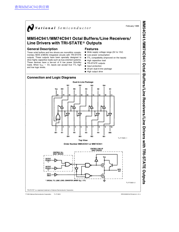 National Semiconductor MM54C941 MM74C941 Octal Buffers Line Receivers Line Drivers with TRI-STATE Outputs (Data Manual, Specifications, User Guide) - Page 1