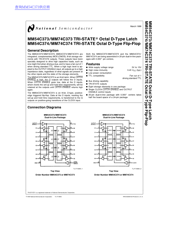 National Semiconductor MM54C373 MM74C373 Tri-State Octal D-Type latch MM54C374 MM74C374 Tri-State Octal D-Type flip-flop Manual - Page 1