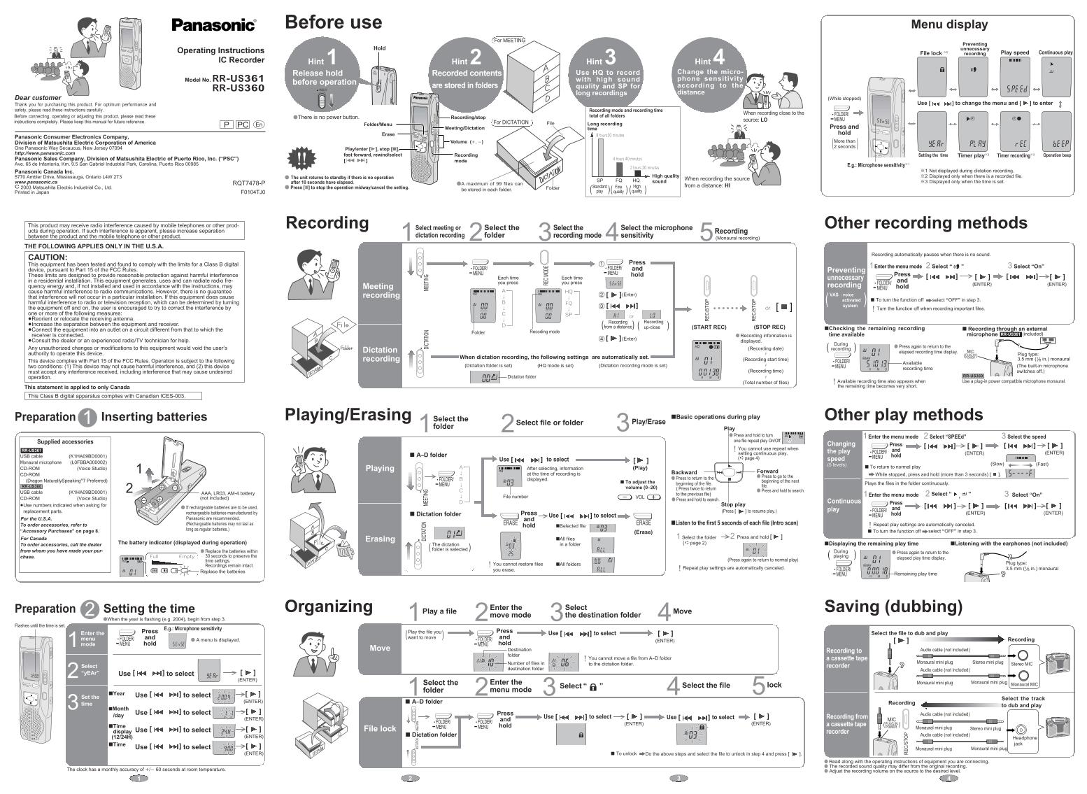 Panasonic RR-US361 RR-US360 IC Recorder Operating Instructions - Page 1