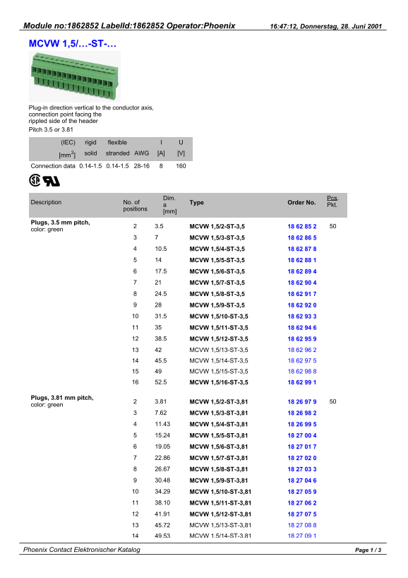 Phoenix Contact Module no 1862852 LabelId 1862852 Operator Phoenix Data Manual - Page 1