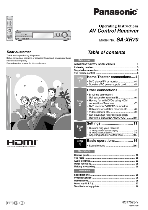 Panasonic SA-XR70 User Guide - Page 1