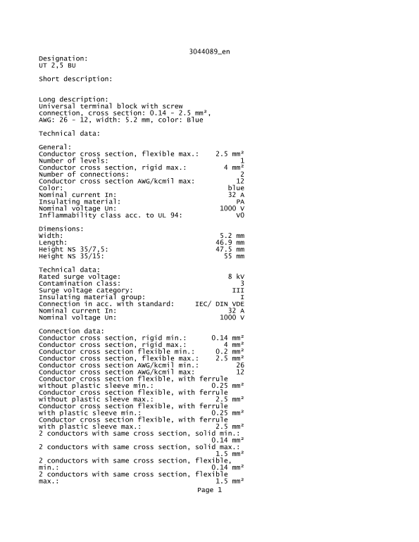 Phoenix Contact - 3044089 Data Sheet / Manual - Page 1