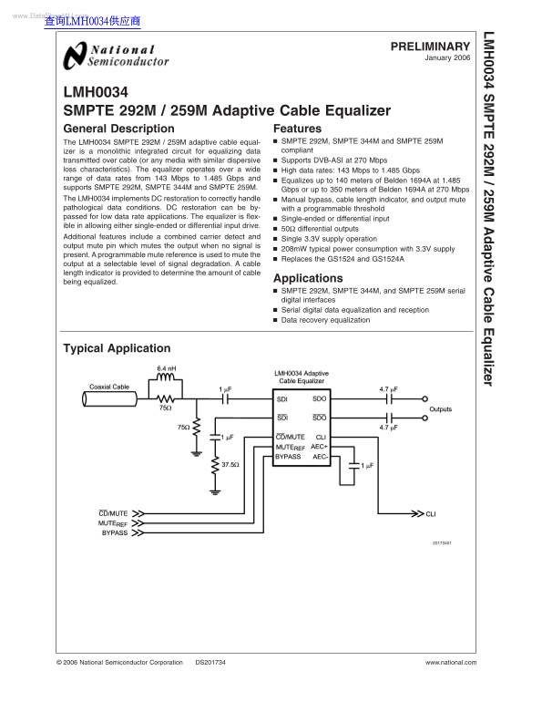 National Semiconductor LMH0034 SMPTE 292M 259M Adaptive Cable Equalizer - Page 1
