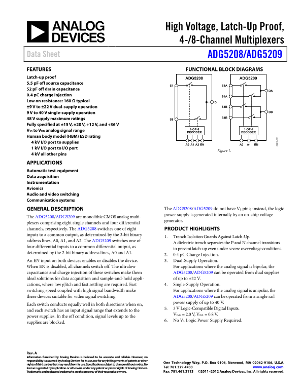 ANALOG DEVICES ADG5208 Product Data Sheet Rev A - Page 1