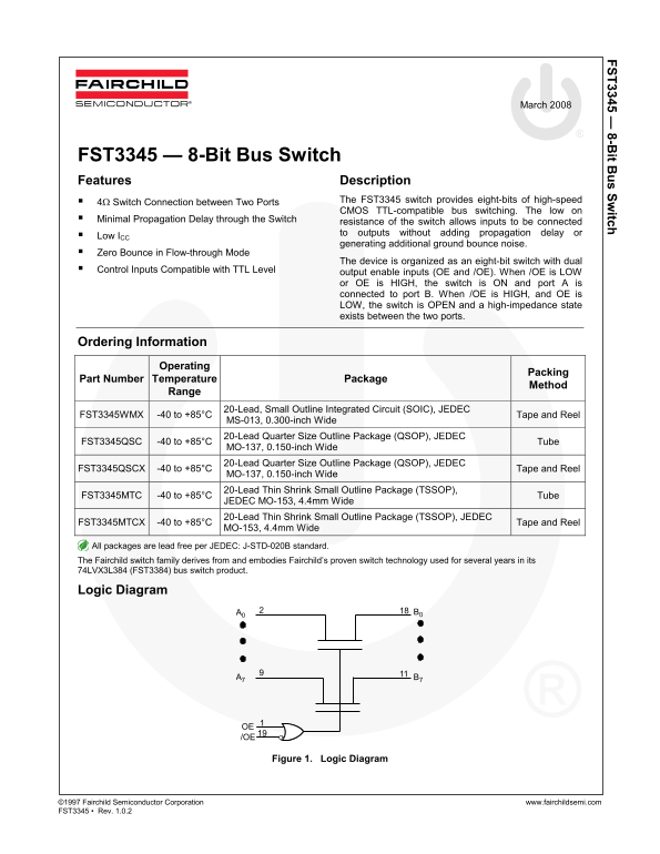 Fairchild FST3345 8-Bit Bus Switch Data Sheet - Page 1