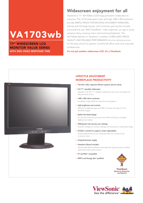 ViewSonic VA1703wb Value Series 17" Widescreen LCD Monitor Owner's Manual & User Guide - Page 1