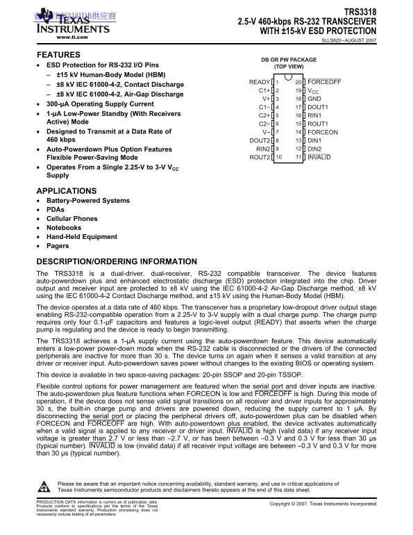 Texas Instruments TRS3318 2.5-V 460-kbps RS-232 Transceiver with ±15-kV ESD Protection - Page 1