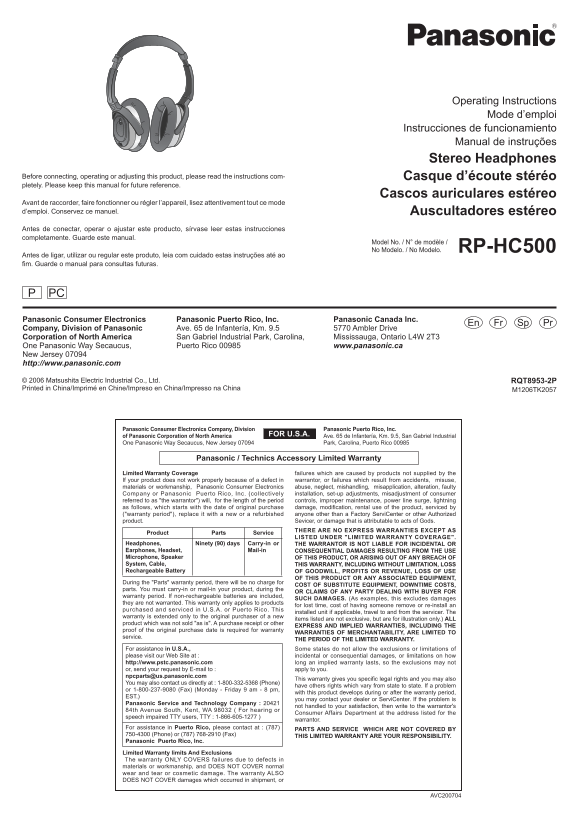 Panasonic RP-HC500 Headphone User Guide - Page 1