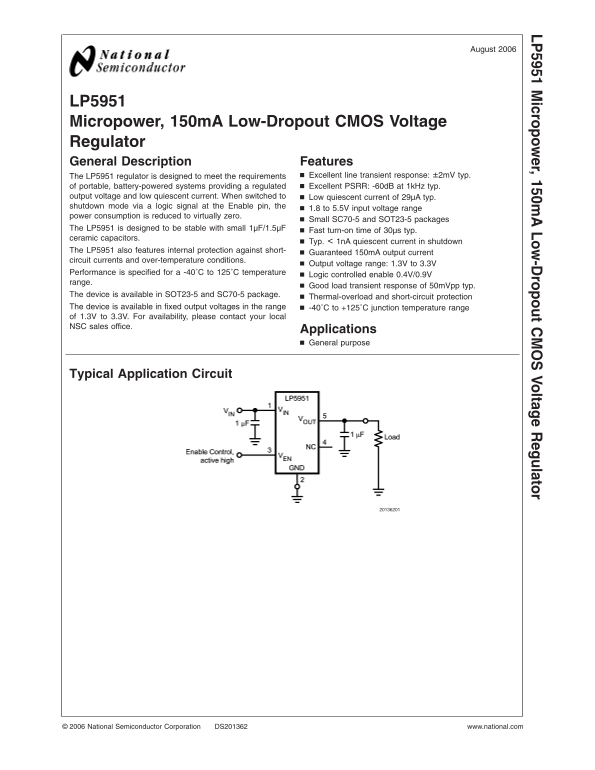 National Semiconductor - LP5951 Micropower, 150mA Low-Dropout CMOS Voltage Data Manual - Page 1