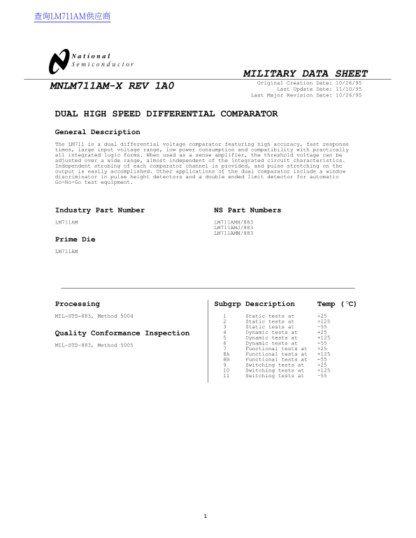National Semiconductor MNLM711AM-X REV 1A0 Data Sheet / Manual - Page 1