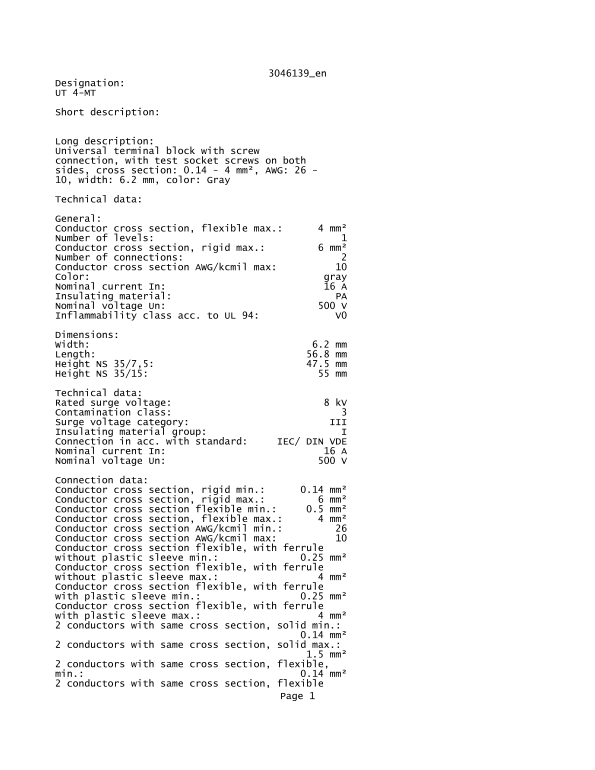 Phoenix Contact Designation UT 4-MT Specifications User Guide - Page 1