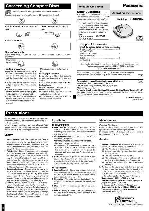 Panasonic SL- SX285 User's Manual - Page 1