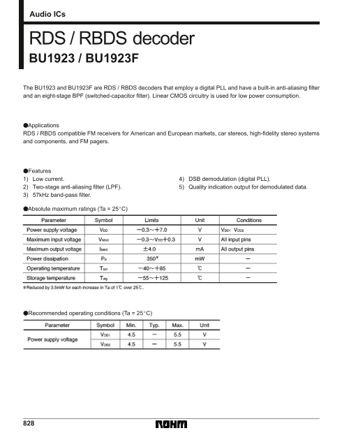 ROHM RDS RBDS decoder BU1923 BU1923F Data Sheet User Manual - Page 1