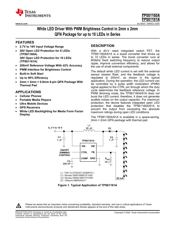 Texas Instruments TPS61160A TPS61161A White LED Driver with PWM Brightness Control in 2mm x 2mm QFN Package for up to 10 LEDs in Series - Page 1
