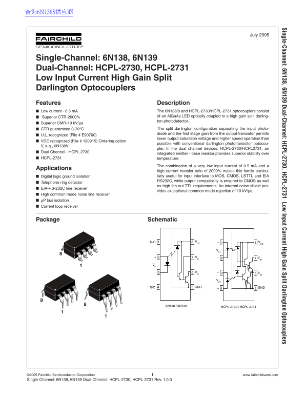 FAIRCHILD Single-Channel 6N138, 6N139 Dual-Channel HCPL-2730, HCPL-2731 Low Input Current High Gain Split Darlington Optocouplers User Manual - Page 1