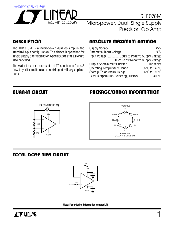 LINEAR TECHNOLOGY RH1078M Micropower, Dual, Single Supply Precision Op Amp User Manual - Page 1
