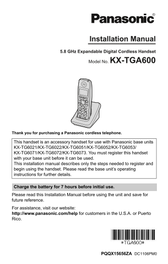 Panasonic KX-TGA600 Installation Manual - Page 1