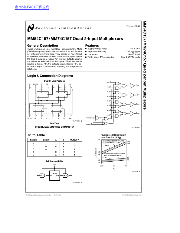 National Semiconductor MM54C157 MM74C157 Quad 2-Input Multiplexers Data Sheet Manual - Page 1