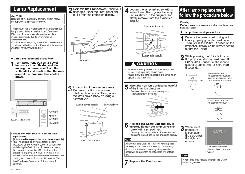 Panasonic TYLA1000 Lamp Replacement User's Guide - Page 1