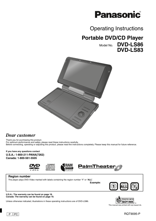 Panasonic Portable DVD/CD Player Model Nos. DVD-LS86 DVD-LS83 User's Manual/Instructions - Page 1