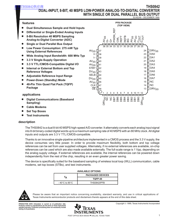 Texas Instruments THS0842 Data Sheet - Page 1