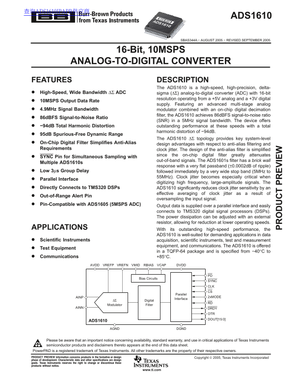 Texas Instruments ADS1610 User's Manual and Technical Specifications - Page 1