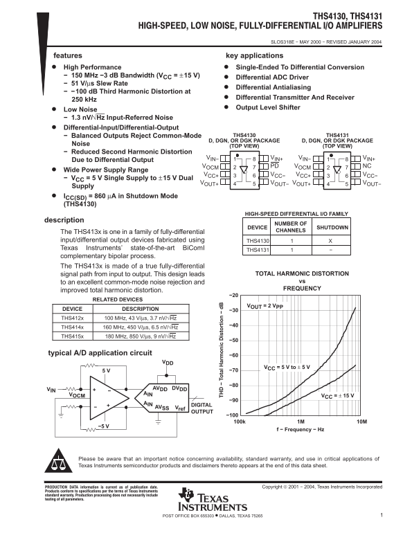 Texas Instruments - THS4130 Data Sheet - Page 1