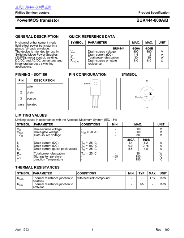 Philips PowerMOS Transistor BUK444-800A Data Sheet User Guide - Page 1