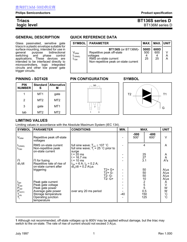 Philips Semiconductors BT136S Series Data Sheet - Page 1