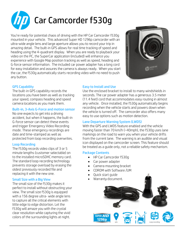 HP f530g Car Camera Product Information - Page 1