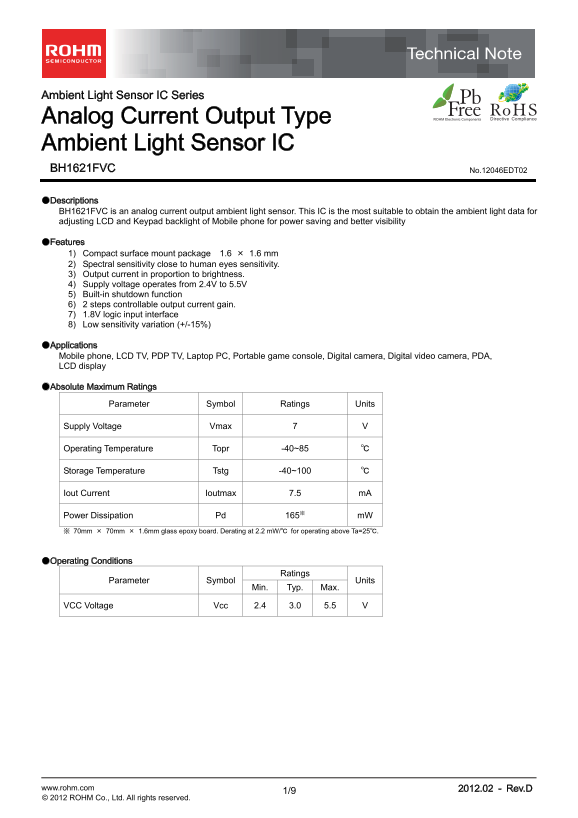 ROHM BH1621FVC Data Sheet User Guide - Page 1