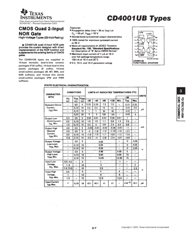 TI Texas Instruments CD4001UB Data Sheet - Page 1