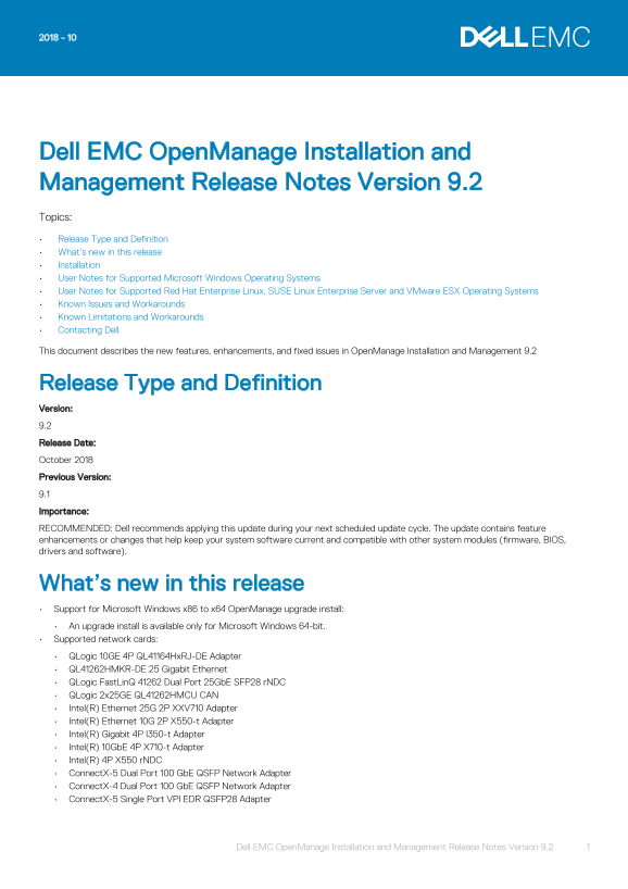 Dell EMC OpenManage Installation and Management Release Notes Version 9.2 - Page 1