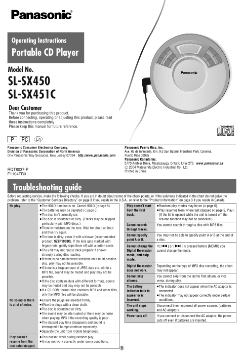 Panasonic SL-SX450 SL- SX451C User's Manual - Page 1