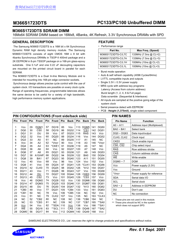 Samsung M366S1723DTS datasheet specifications manual user guide - Page 1