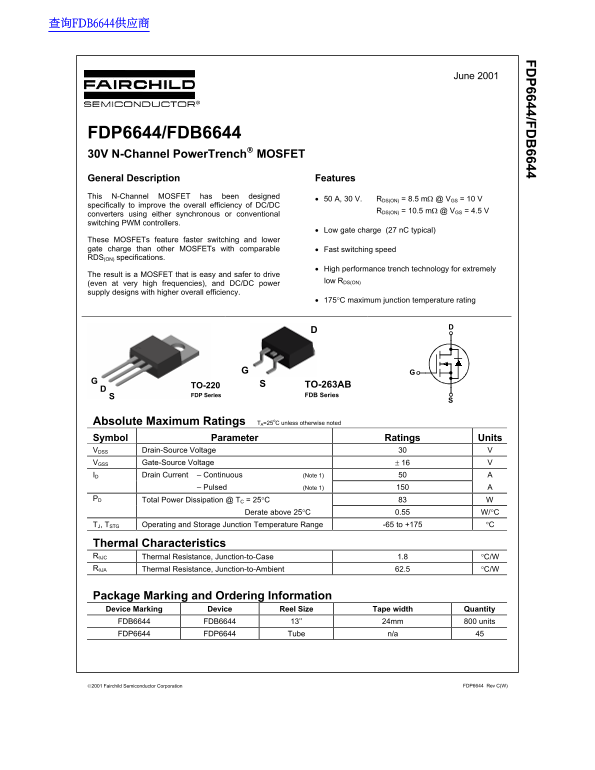 Fairchild FDP6644 FDB6644 Data Handbook - Page 1