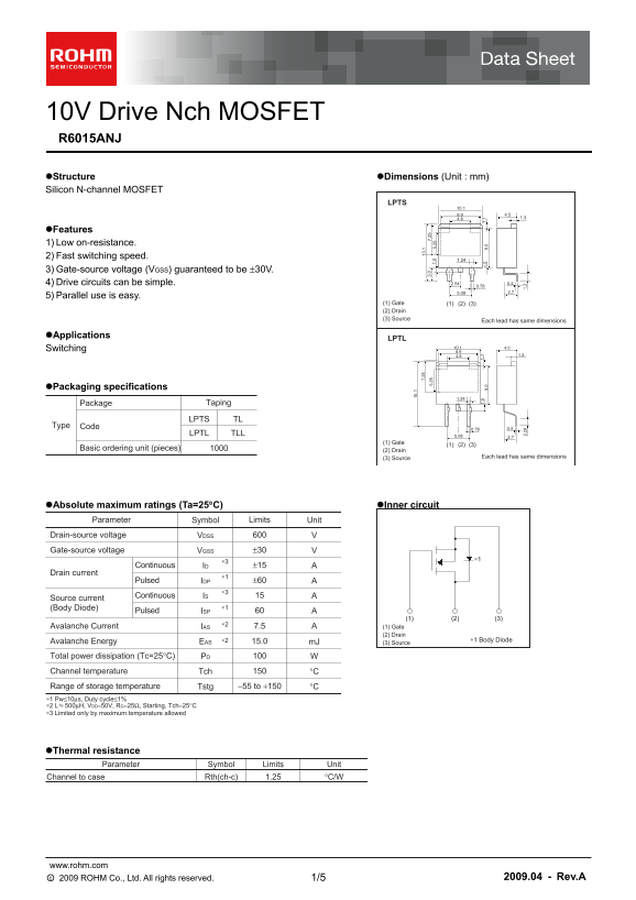 ROHM R6015ANJ User Guide - Page 1