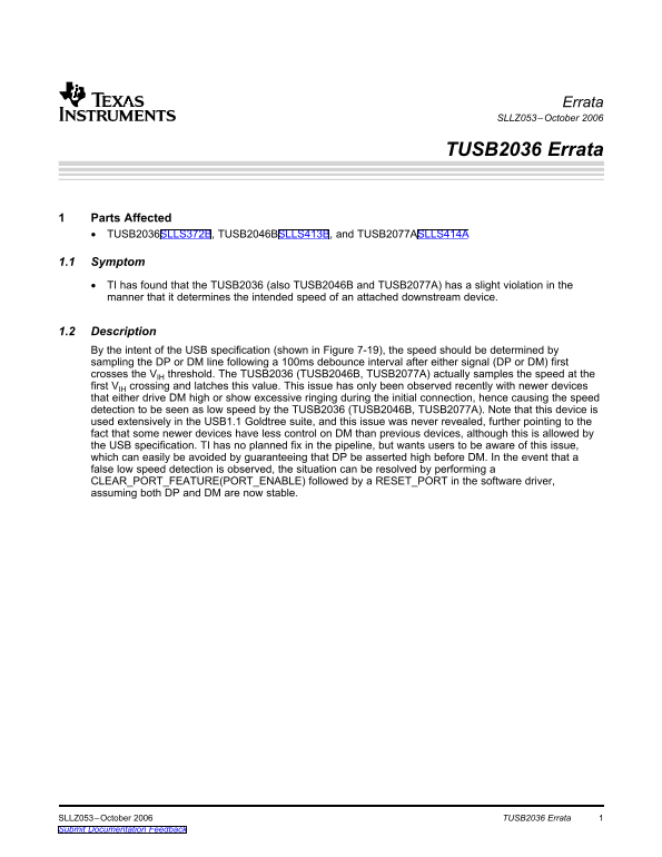Texas Instruments Errata SLLZ053 - October 2006 TUSB2036 Errata - Page 1