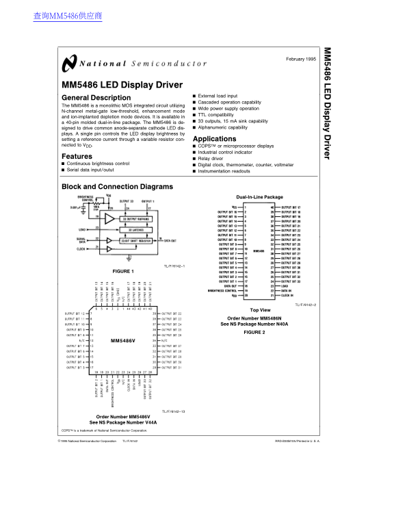 National Semiconductor MM5486 LED Display Driver Data Sheet - Page 1