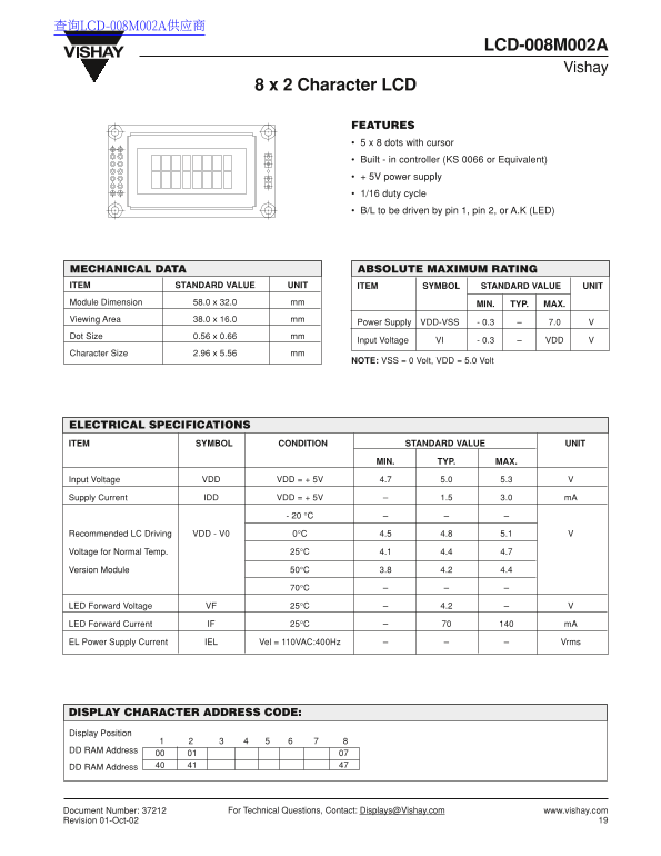 Vishay LCD-008M002A Data Handbook - Page 1
