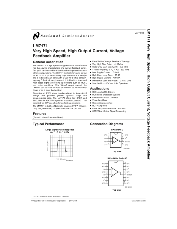 National Semiconductor LM7171 Very High Speed, High Output Current, Voltage Feedback Amplifier - Page 1