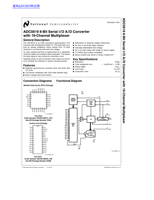 National Semiconductor ADC0819 8-Bit Serial I/O A/D Converter with 19-Channel Multiplexer - Page 1