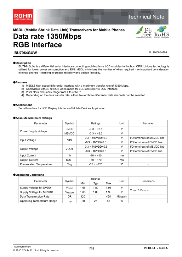 ROHM BU7964GUW Data Manual - Page 1