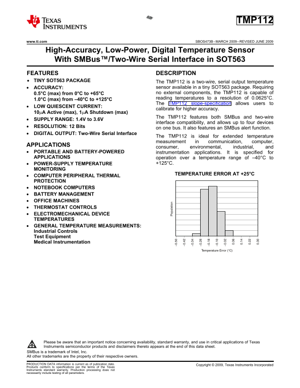 Texas Instruments TMP112 Digital Temperature Sensor Data Sheet - Page 1