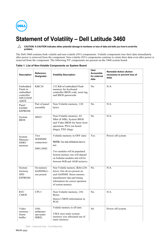 Dell Latitude 3460 Statement of Volatility - Page 1