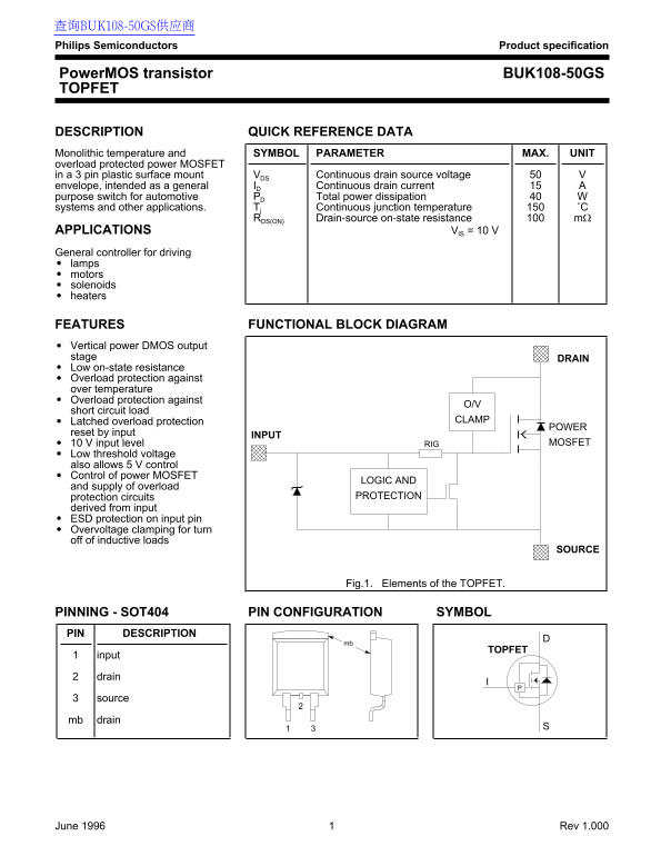 Philips Semiconductors PowerMOS Transistor BUK108-50GS TOPFET Data Sheet User Manual - Page 1