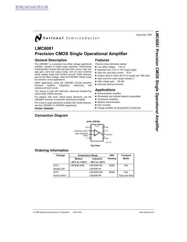 National Semiconductor LMC6081 Precise CMOS Single Op Amp Data Sheet - Page 1